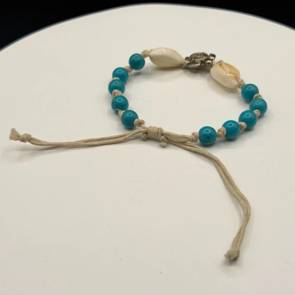 Boho Sea Turtle Bracelet Blue Beads Cowrie Shell Adjustable Beach Surfer Gift